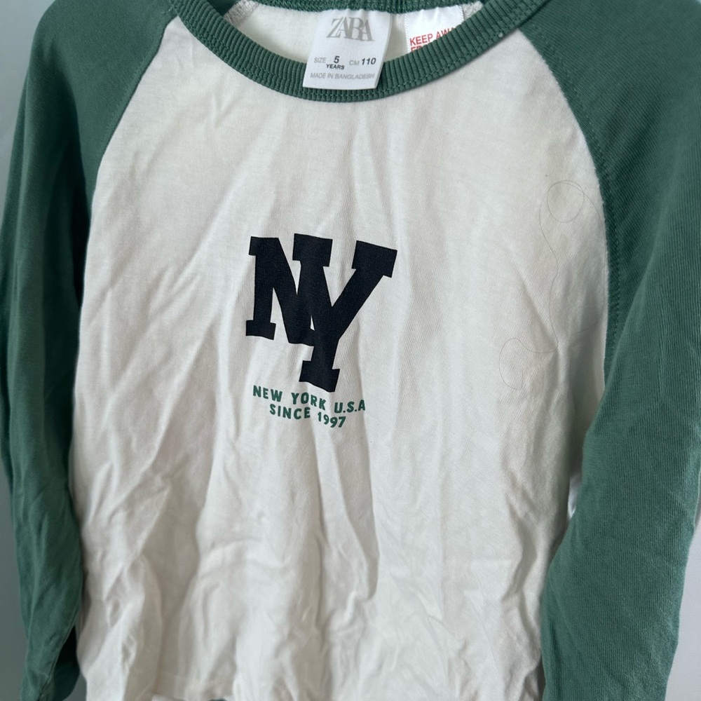 Zara White Raglan Tee with Green Sleeves and NY Graphic Set